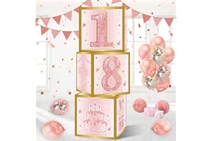 WAYFUN Boîtes de Décoration pour Anniversaire 18 Ans Filles, 3 Pièces Boîtes à Ballons Rose pour d'Anniversaire de 18 Ans, Boîte à d’Anniversaire en Papier Rosegold pour Décoration Fête Anniversaire Filles