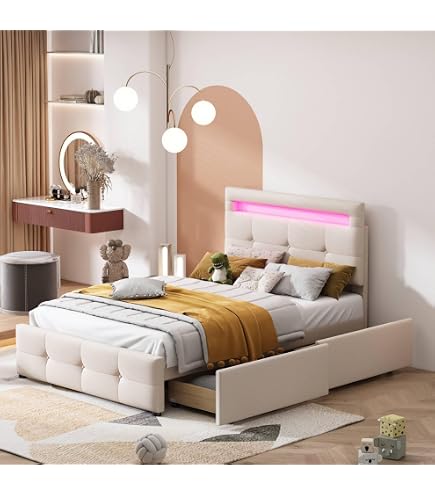 Lit 90x200cm PUGSDRLY Avec Sommier Et Tiroirs - Tête De Lit LED Réglable, Style Minimaliste, Gris