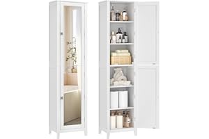 VASAGLE Armario Alto de Baño con Espejo de Cuerpo Completo, Mueble de Baño con Estantes Ajustables, 30 x 40 x 160 cm, para Espacio Pequeño, Salón, Pasillo, Blanco Nube BBC764WH01