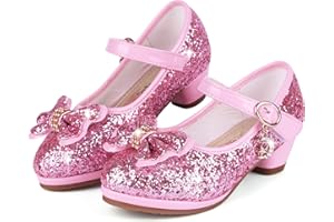 KUWIBY Girl Sandals Glitter Princess Shoes Sequin Party Shoes Bling Bowknot High Heels Wedding Birthday Dress Shoes Comfort Bright Diamond Cosplay Dance Shoes for Little Girls Pink Silver Blue Purple White
