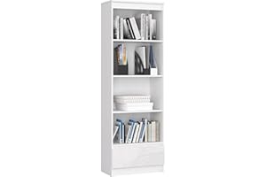 AKORD | Libreria per Ufficio 60 cm | Mobile con 1 Cassetto 4 Ripiani | Porta Libri | Mobiletto Camera de Letto | Scaffale Soggiorno | Salvaspazio | Wit/Hoogglans Wit