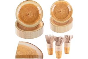 CEILIWEN Set di stoviglie effetto legno per 30 ospiti, piatti di carta, bicchieri, tovaglioli e posate in legno da 23 cm e 18 cm, per feste rustiche a tema bosco, matrimoni, picnic, compleanni, feste