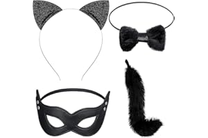 SUMIND 4 Pieces Cat Costume Set, Long Fur Cat Tail Cosplay Set Halloween Fancy Dress Costume Set, Cat Ears Headband Cat Tail, Cat Bow, Harlequin Mask for Valentine's Day Dress up Halloween Costume Party