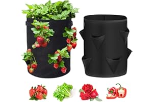LUOGE Lot de 2 sacs de culture pour fraises de 37,5 litres avec 8 poches latérales en tissu non tissé respirant avec poignée renforcée pour fraises, fleurs, herbes (noir)