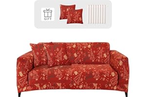 Lydevo Copridivano Elasticizzato Natale 3 Posti Fodere Copri Divano con Braccioli con 2 Copricuscini Moderno Copridivano Fantasia Universale Lavabile Divano Protector,Natale Oro Rosso