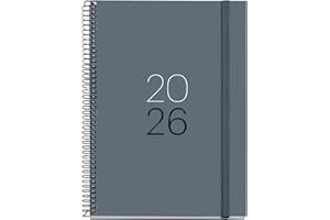 Miquelrius - Agenda 2026 día por página, Similar A5+ (155 x 213 mm), Tapa cartón plastificado, Espiral y cierre goma elástica, Planificación diaria, Papel 80 g/m², Español-EN-PT, Grafito