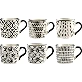 H&amp;H Vhera Set of 6 Tea Cups, Stoneware, White/Black, 220 ml