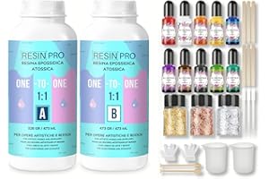Resin Pro ® Resina Epoxi Transparente 1:1 Kit de inicio 500 gr resina + 29 accesorios útiles para Fabricación de Joyas, Creaciones Artísticas, Fácil de Usar, Resina apta para Principiantes