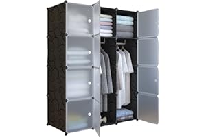 XOKOTAKI Armadio Componibile, Scaffale Modulare, Armadio Componibile Porta Abiti per Casa, Scaffale Portaoggetti per Camera da Letto, 12 Moduli, 2 Barre, 140x105 cm, Colore Nero