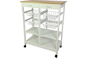 Mueble Gestion Carrito Verdulero frutero, Carro de Cocina de Cocina con Ruedas con 4 cestas extraibles 4 bandejas y 2 cajones Oporto 8 Color Blanco