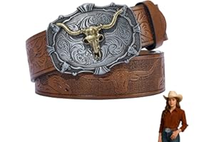 Menibeuty Ceinture Cowboy Homme, Ceinture À Boucle De Cow-Boy En Cuir Occidental Pour Hommes, Femmes, Jeans, Ceinture À Boucle Florale Gravée Longhorn Bull Texas (120cm)