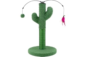 Roypet 53cm Tall Cactus Cat Sisal Rope Scratching Post with Hanging Ball and Feather Interactive Toys, Interactive Cat Scratching Post for Indoor Cats, Green