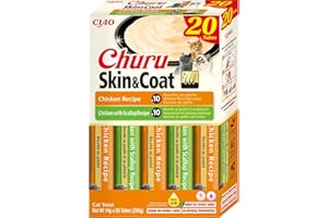 INABA Churu Skin & Coat kremowe przysmaki dla kotów z Omega 3 Omega 6, tauryną i witaminą E, kurczak 20 x 14 g, bez zbóż, bez cukru, bez produktów ubocznych, smakołyki dla kotów