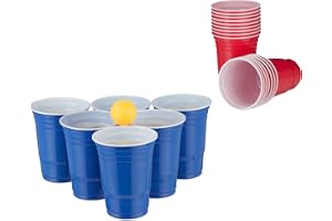 Relaxdays 10032656 ölpong mugg-set, öl pong set med 6 bollar, 50 ölpong koppar, drickspel, festmugg 40 g, röd/blå, drickspel "Beer Pong spel – återanvändbara koppar + bollar"