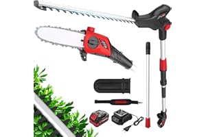 2-en-1 Élagueur sur Perche et Taille Haie Télescopique sans Fil TEENO,Poignée Principale Orientable,Tête Inclinable,Bandoulière Incluse(1 Batterie 20 V 4.0 Ah, Chargeur)