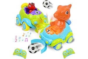 PATEMZON Macchina Telecomandata per Bambini, 2 Pezzi Dinosauro Auto Telecomandata Giochi, Monster Truck Unicorno Giocattolo con Luci e Musica, Calcio, Regalo Bambino 2 3 4 5 6 Anni Maschio