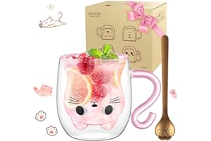 ecooe Tasse en verre à double paroi en forme de chat mignon de 290 ml, tasse à café, cappuccino, latte, thé au lait, pour anniversaire, Noël, Saint-Valentin, chat pour femme, épouse, maman, fille