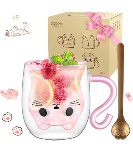 Lot De 2 Verres à Café Chat - 130 Ml, Double Paroi, Verre Borosilicate, Design Mignon, Cadeau Original