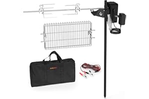 onlyfire Drehspieß für Feuerschale Feuerstelle, Grillspieß Set für Camping | Elektrische Rotisserie mit Drehspießkorb, Spießgabeln, Batteriemotor mit Netzteil, und Tragetasche
