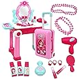 Jack Royal Beauty Makeup Kit for Doll Girls Cosmetic Set 2 in 1 Vanity Table Portable Trolley Pretend Play Set Toy with Make up Accessories for Kids Plastic (Pink) 21 Pieces