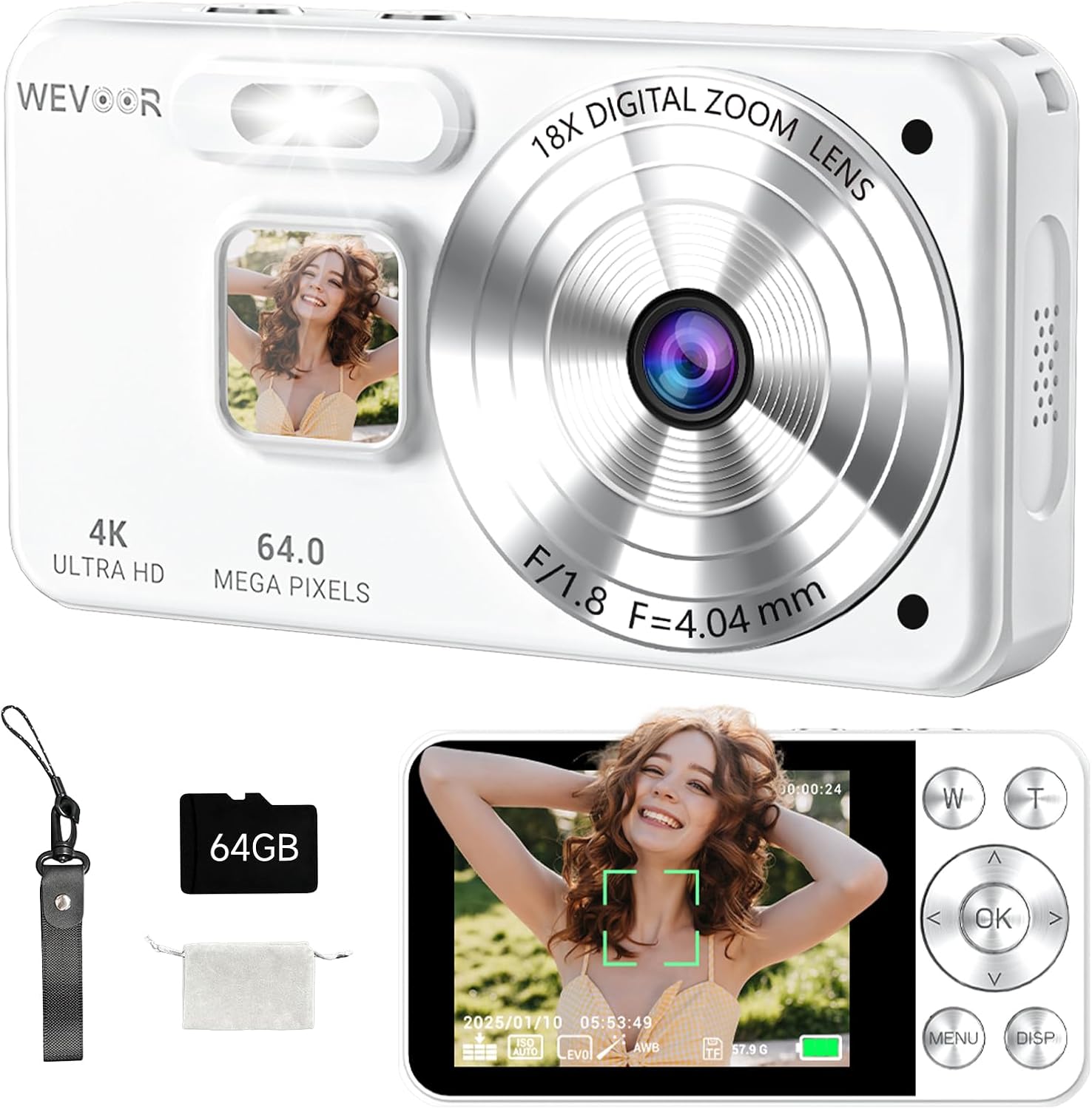 Cámara de Fotos 4K 64MP, Wevoor Camara Digital 64GB con 2.8" Pantalla, Zoom Digital 18x, 2000mAh Digital Compact Cameras, Camara Fotos Portátil para Principiantes Niños Adolescentes - Blanco