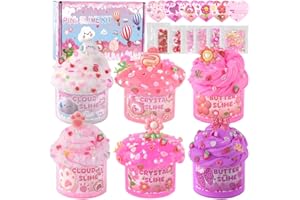 LAWOHO 6 Packs Gradient Pink Slime Kit - Cloud, Clear & Butter Slime Making Kit for Kids, Soft & Non Sticky Fluffy Slimes Kits for Girls & Boys with Cute Charms & Add-ins, 360ml Slimes Party Favors