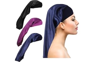 Firtink 3 Pcs Long Satin Bonnet Sleep Cap, Long Silky Sleep Bonnet Extra Large Silk Bonnet for Natural Hair, Bonnets for Women Night Sleep, Wide Elastic Band (Black+Navy+Purple)