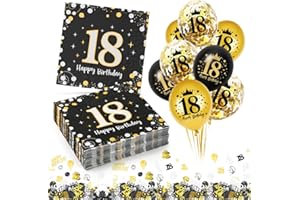 CAPANEUS 18. Geburtstag Deko Servietten 30 Stück+18 Stück Schwarz Gold Luftballons+ Konfetti Set, 18 Geburtstag Mädchen Junge Jubiläum Servietten, 3-Lagig 18 Serviette 33x33cm,Geburtstagsservietten