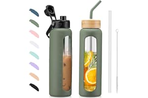 BLUEGO 900ML Bouteille d'eau en Verre et 2 Couvercles Gourde Reutilisable Tasse à Café avec Marqueur de Temps et Protecteur en Silicone Sans BPA pour Enfant et Adultes, Olive