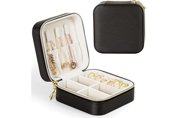 KAMIER Petite boîte à bijoux pour femme, Boîte à bijoux de voyage portable en PU, Mini boîte à bijoux en cuir pour boucles d'oreilles, bagues, colliers, Noir