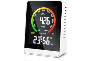 Brandson - CO2 Melder Messgerät mit Akku - Luftqualitätsprüfer - Kohlenstoffdioxid Sensor Messung PPM - Co2 Anzeige - Raumluft Lüftungsampfehlung - Temperatur Uhrzeit Luftfeuchtigkeit