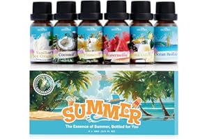 SNOWSEN Sommer Ätherische Öle Set, 6 x 10 ml Ätherische Öle für Diffusor, Duftöl-Geschenkset, Seifen-Duftöl – Wassermelone, Kokosnuss, Meeresbrise, Plumeria, Vanilleeis, Piña Colada