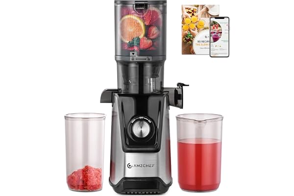 AMZCHEF Extracteur de Jus Lent 118MM – Pression à Froid Silencieux, Fonction Inverse et Filtre Double Couche – Pour Fruits et Légumes Entiers, 180W, Facile à Nettoyer