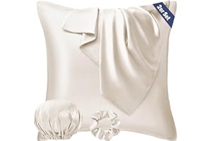 ‎SEIWOHL Seiwohl Satin Kissenbezug 80x80 2er Set, Weich wie Seidenkissenbezug Silk Pillowcase, Vegane Seide Kopfkissenbezug Kissenhülle Haarschutz für die Nacht mit Haargummi und Haarhaube, Beige