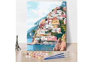 TISHIRON Malowanie po numerach dla nowoczesnych dorosłych, Amalfi, zestaw typu „zrób to sam”, Włochy, nadmorskie miasto, malarstwo, dzieło sztuki, dla mężczyzn i kobiet, dekoracja ścienna, 40 x 50 cm