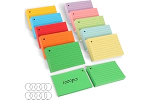 WSICSE 1000 Blätter Karteikarten A8, Linierte Karteikarten 150g/m² Index Cards Blanko Papier Karten Moderationskarten Bunt mit 10 Binderinge für Schule Büro Erinnerung Präsentation (10 Farben)