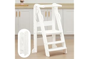 FUNLIO Foldable Toddler Step Stool for Kids 2-6 Years with 3-Level Adjustable Height, Folding Toddler Kitchen Stool with Safety Rails, Montessori Step Stool, Easy to Assemble - White