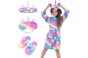Piefry Bambina Accappatoio Morbido Unicorno Vestaglie con Cappuccio per Bambine con Unicorno Pantofole, Benda e Fascia - Regali per Ragazze