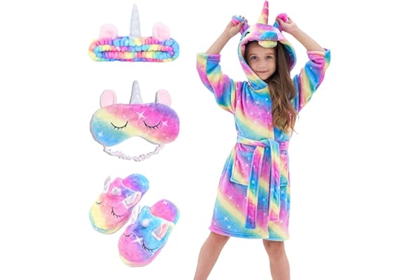 Piefry Peignoir Doux Fille Licorne Robes de Chambre à Capuche pour Filles avec Pantoufles de Licorne - Cadeaux pour Filles