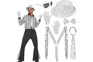 EMAGEREN Tenue Scintillante pour Homme des Années 70 - Lot de 6 Accessoires Paillettes Bretelles Chapeau Cravate Nœud Papillon Gants Carnaval Argent