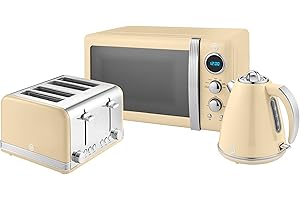 Swan Retro Kitchen Set, 1.5L Fast Boil Kettle & 4 Slice Toaster & 20L Digital Microwave, Cream, SK19020CN, ST19020CN, SM22030LCN