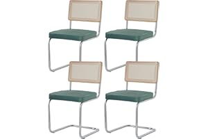 GrandCA HOME Pack de 4 Sillas de Comedor con Respaldo de Caña Natural y Base Cromada de Acero Inoxidable, Sillas de Cocina Tapizadas de Ratán,Verde