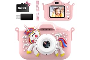 TOMOROY Kinderkamera,1080P Kinder-Digitalkamera mit Einhorn Kamera Abdeckung und 32GB TF-Karte, HD Video Eingebaut 5 Lernspiele,8 facher Zoom,44 Bilderrahmen und Filter,Geschenke für Jungen Mädchen 3-8 Jahren