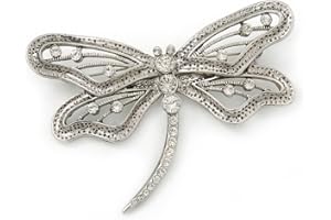 Avalaya Large Crystal 'Dragonfly' Brooch in Silver Tone - 75mm Width