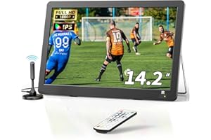 Desobry 14.2 inch Portable TV with Antenna 1080P freeview outdoor tv with DVB/T2 Tuner Rechargeable Battery Operated Mini TV LCD,Built-in TV Stand,HDMI Input,USB,AV (14.2INCH)