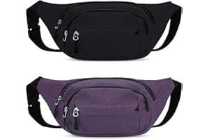 elook 2 PCS Bum Bag, Bumbags with 4 Zipper Pockets, Adjustable Belt Running Bag Waterproof Waist Bag Fanny Pack for Outdoors, Sport, Hiking - Black + Purple