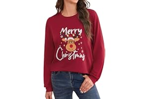 Terecey Sweatshirt Femme Imprimé Noël à Manches Longues Haut Décontracté avec Motif de Renne Merry Christmas Idée Cadeau Originale et Vêtement Confortable pour Hiver et Fête