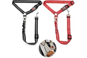 WENIUBIT 2 Pcs Adjustable Dog Car Seat Belt, Dog Seat Belts for Cars UK, Anti Shock Elasticated Cushioned Pet Seat Belt for Car Vehicle(Black + Red)