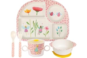 Greentainer Zestaw naczyń dla dzieci z melaminy, 6-częściowy zestaw naczyń odpornych na upadki, miska dla dzieci z przyssawką, kubek z pokrywką, łyżka, widelec dla dzieci, od 6 miesięcy, nadaje się do