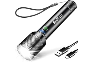 REHKITTZ Torch, LED Rechargeable Torches(Built-in Large Capacity Battery) 2200 Lumen Super Bright Flashlight with Power Display,Long Working Time,Aluminum Alloy,5 Light Modes,Zoomable Torch